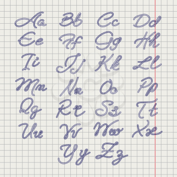 Ballpoin drawing rope alphabet on notebook page. Vector illustration