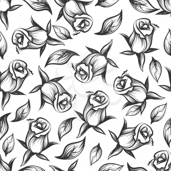 Sketched rose and leaves seamess pattern. Vector monochromic floral texture design