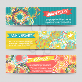 Colorful anniversary celebration banners with fireworks and ribbons. Vector illustration