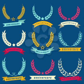 Colorful anniversary banners with ribbons on blue backdrop. Vector illustration