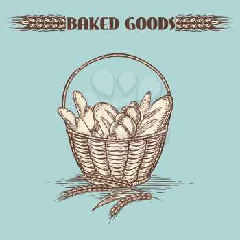 Vintage baked goods basket on green backdrop. Vector illustration