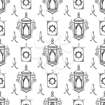 Arabic ornate lamps black and white seamless pattern. Vector illustration