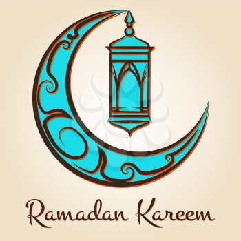 Ramadan Kareem logo. Vector arabic islamic emblem with ornate moon and lamp