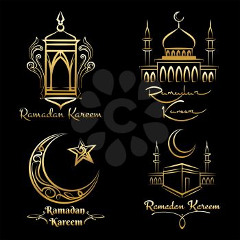 Ramadan Kareem logo set. Vector golden arabic islamic emblems isolated on black