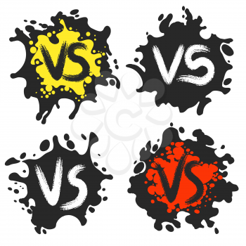Versus fight labels on dirty blobs vector illustration. VS combat icons, ink stains with grunge letters isolated on white background