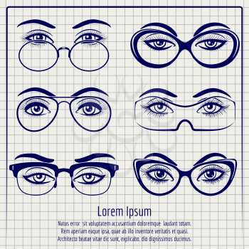 Woman eyes with glasses vector illustration. Ballpoint pen poster with female eyes