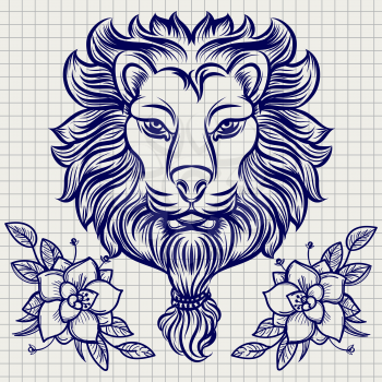 Hand drawn lion sketch with flowers on notebook page. Vector illustration