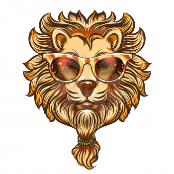 Hipster lion with colorful eyeglasses. Vector colorful boho lion isolated on white background