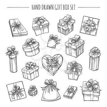 Gift box set in hand drawn style. Sketch outline present boxes isolated on white background