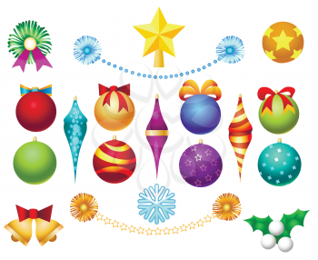 Xmas tree toys set isolated on white background. Christmas ornaments decoration balls and garlands, bells and bows vector illustration