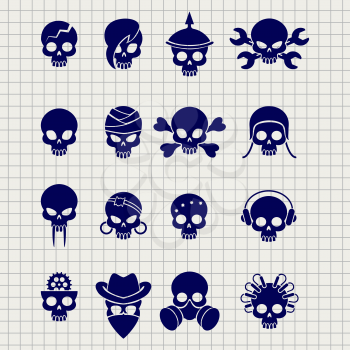 Stylish skull icons for tatoo or labels on notebook page, vector illustration