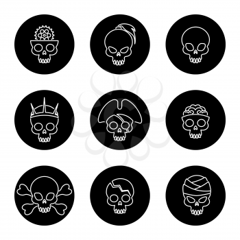 Linear skulls icons on black circles. Vector cute skull icons