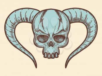 Aggressive monters skull with horns in blue color. Vector illustration