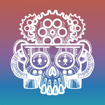 Hand drawn monsters skull with brain of gears on colorful background, vector illustration