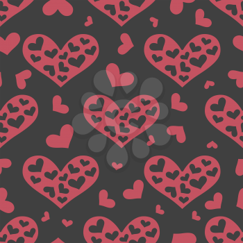 Love seamless pattern with pink hearts on grey background. Vector illustration