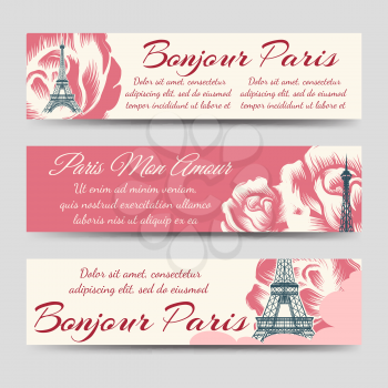 Paris horizontal banners template with Eiffel tower and roses. Vector illustration