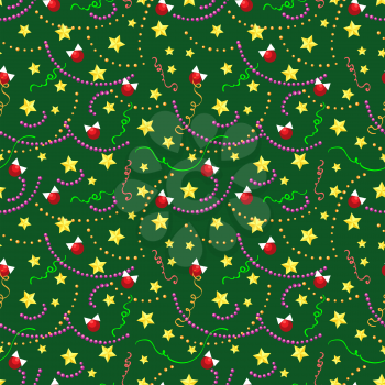 Christmas pattern with beans, balls, golden stars. Vector new year decorations seamless texture