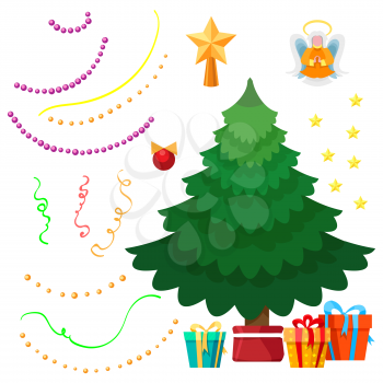 Dress up Christmas tree set with decorations and fir. Vector illustration