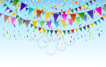 Festival triangular flags background. Flag garlands with bunting and streamers explosion decorative background for fun party colorful vector illustration