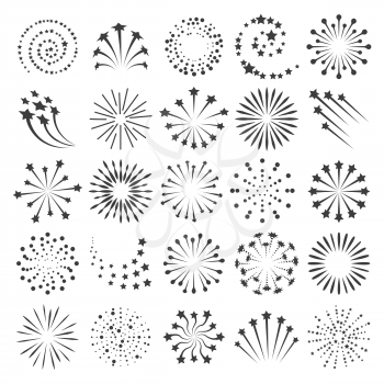 New year fireworks icons. Firework icon set for happy christmas celebrate party and birthday or anniversary events collection, vector illustration