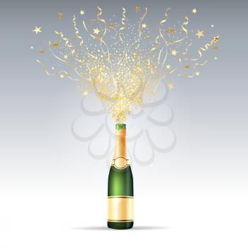 Champagne confetti party. Opening champagne bottle exploding frothy serpentine and confetti for award or holiday background vector illustration