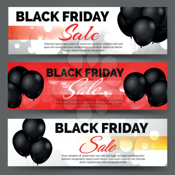 Vector black friday horizontal banners with black balloons and bokeh lights for bargain sale