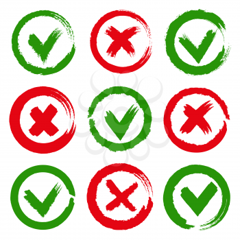 Yes and no checkmarks. Paint brushes green yes tick and red cross x symbols, wrong and approved signs vector elements
