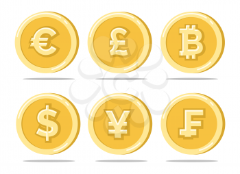 Currency coins. Sterling pound and euro, dollar and japanese bitcoin gold coin set isolated on white, different currencies vector illustration