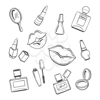 Hand drawn cosmetics sketch on white background, vector illustration