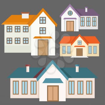 Colorful flat houses collection on grey backdrop, vector illustration