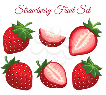 Strawberry organic fresh healthy dessert icon isolated on white background. Strawberries slice, berry and leaf vector illustration