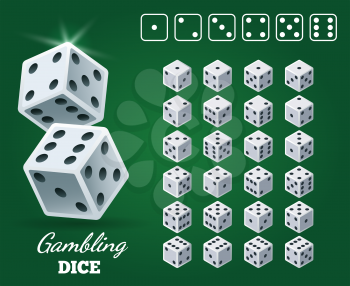 Gambling dice set on green background. White cubes with black pips on Casino game back, vector illustration