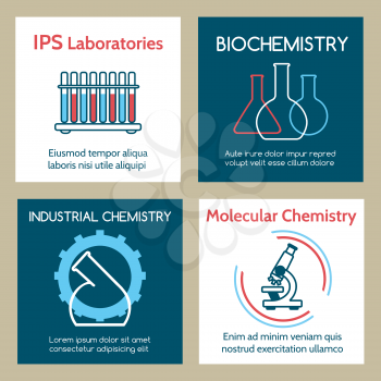 Molecular and industrial chemistry vector cards, biochemistry and DNA laboratory labels set