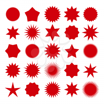 Star burst shapes. Vector brightness red bursting stars symbols isolated on white background for circle badges and prices