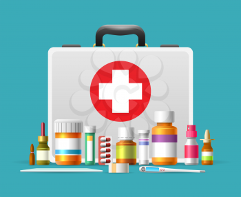 First aid kit. First aid case box vector illustration for emergency services, healthcare and hilfe concepts