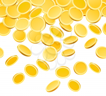 Falling golden coins. Gold coin money fall isolated on white background, dollars or pennies rain vector illustration