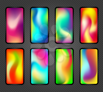 Holographic screen gradients. Multicolor futuristic phone screen fluid covers vector illustration