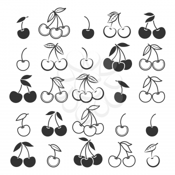 Cherry icons. Ripe fresh cherries vector illustration, cerise fruits silhouettes isolated on white background