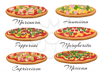 Pizza vector. Cartoon pizza with cheese and tomato like margherita and pepperoni, mexican and italian supreme isolated on white background