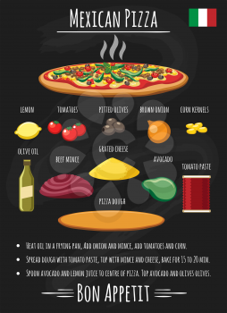 Pizza mexican recipe. Ingredients for pizza stuffed like cheese and olives, tomato paste and beef on chalk board for restaurants, vector illustration