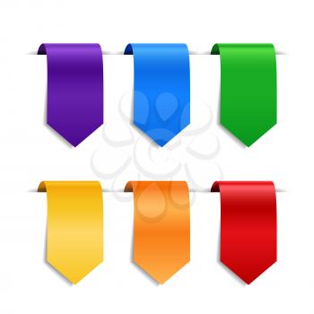 Set of colored decorative ribbons, labels or bookmarks. Purple, blue and green, yellow and orange, red tags