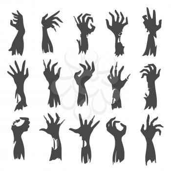 Undead zombie hand silhouettes isolated on white background. Dead hands fear scary halloween black creepy vector silhouette set