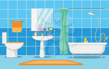 Clean beautiful bathroom interior with shower, bathand and bathroom furniture vector illustration
