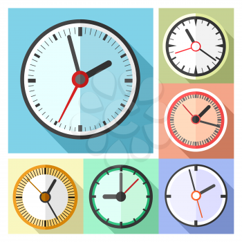 Clock icons in flat design. Modern office wall clocks icon set, vector illustration