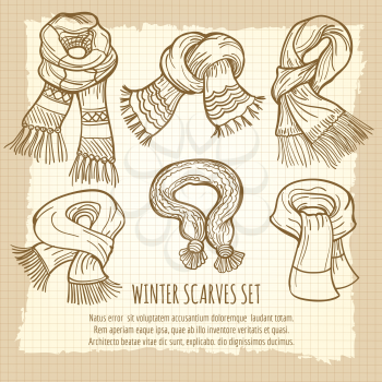 Hand drawn winter scarves set on vintage backdrop, vector illustration
