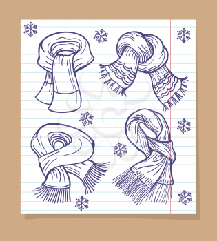 Sketch on ballpoint pen scarves and snowflakes on line page. Vector illustration