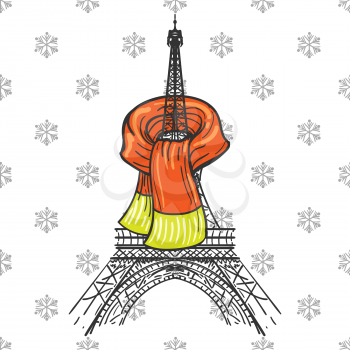 Winter Paris concept, vector illustration. Eiffel tower in scarf