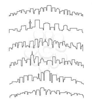 Linear cityscape or urban skyline vector illustration. City buildings line contours isolated on white background