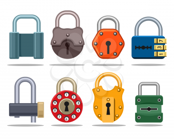 Vector locks. Colorful lock set with key hole and secret code, protective gear and safety password combination vector illustration