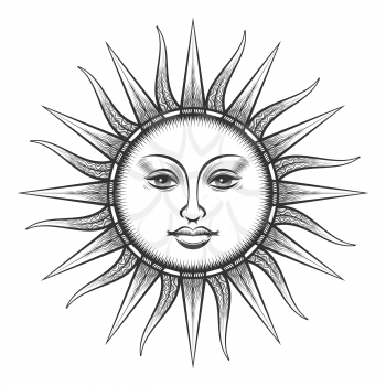 Engraved sun. Antique sun face scratching etching pagan universe symbol vector illustration